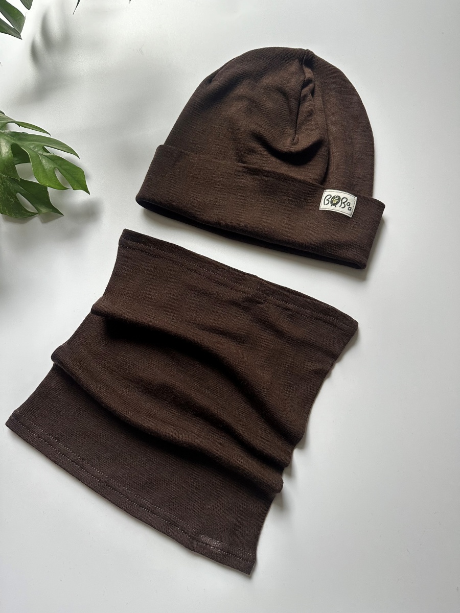 ZESTAW CZAPKA KOMIN BRĄZOWY MERINO WOOL