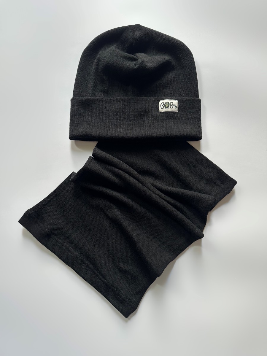 ZESTAW CZAPKA KOMIN CZARNA MERINO WOOL
