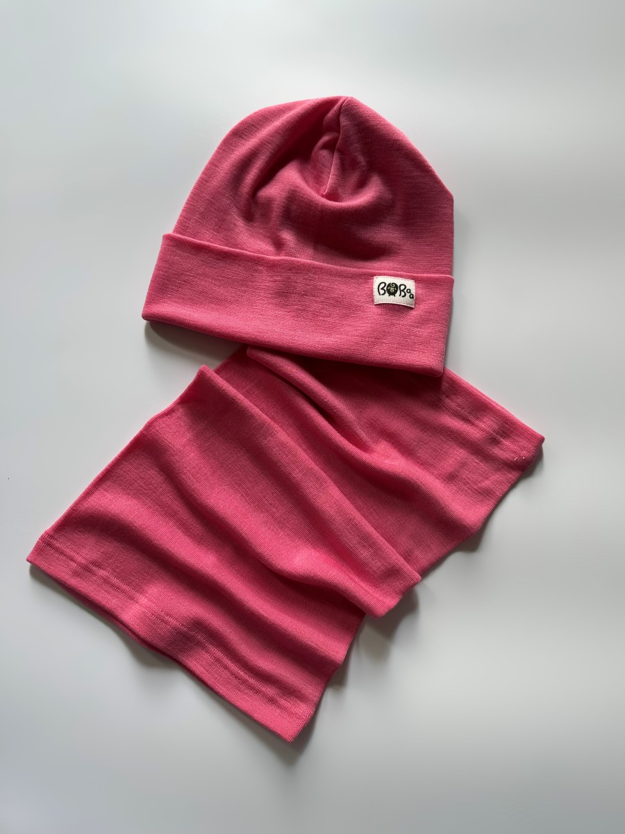 ZESTAW CZAPKA KOMIN CIEMNO RÓŻOWA MERINO WOOL